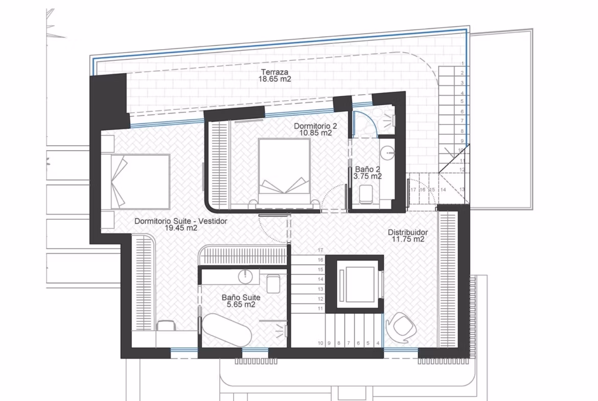 Elegant, spacious floor plan of a 3-bedroom frontline villa in Cabo de Palos featuring a sun-drenched rooftop solarium and terrace with sea views.
