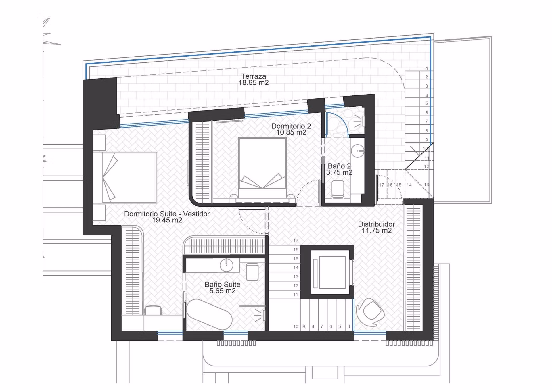 Elegant, spacious floor plan of a 3-bedroom frontline villa in Cabo de Palos featuring a sun-drenched rooftop solarium and terrace with sea views.