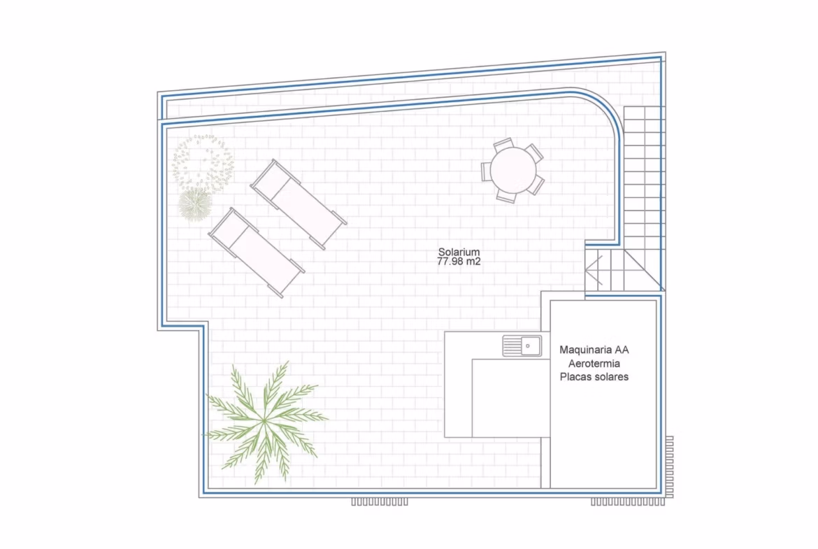 Spacious rooftop solarium with sun loungers, dining area, and lush greenery in a modern 3-bedroom villa in Cabo de Palos.