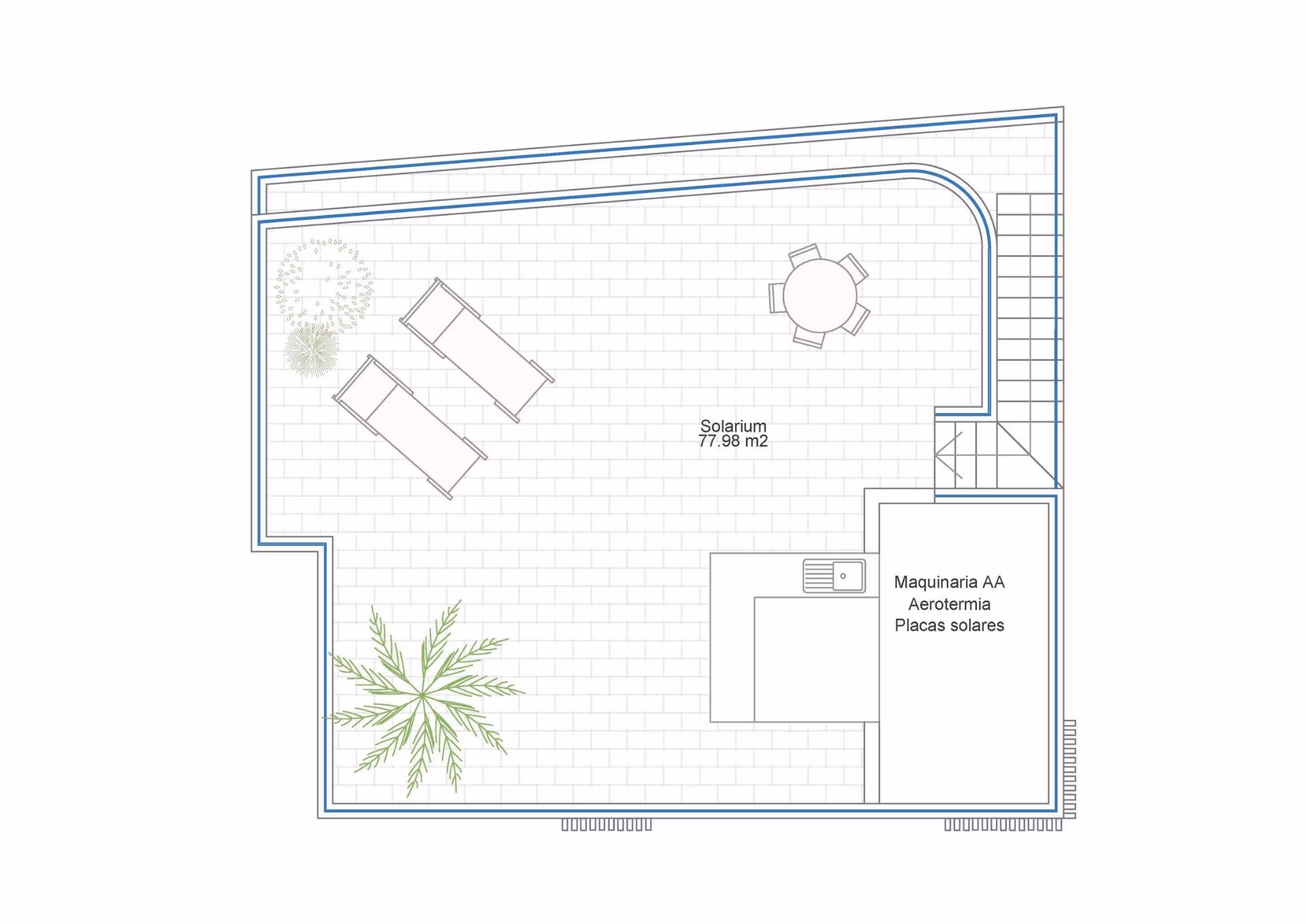 Spacious rooftop solarium with sun loungers, dining area, and lush greenery in a modern 3-bedroom villa in Cabo de Palos.