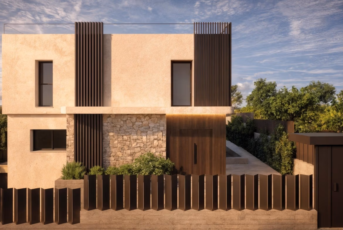 Modern frontline 3-bedroom villa facade in Cabo de Palos featuring elegant stone accents and sleek wooden details under a bright sky.
