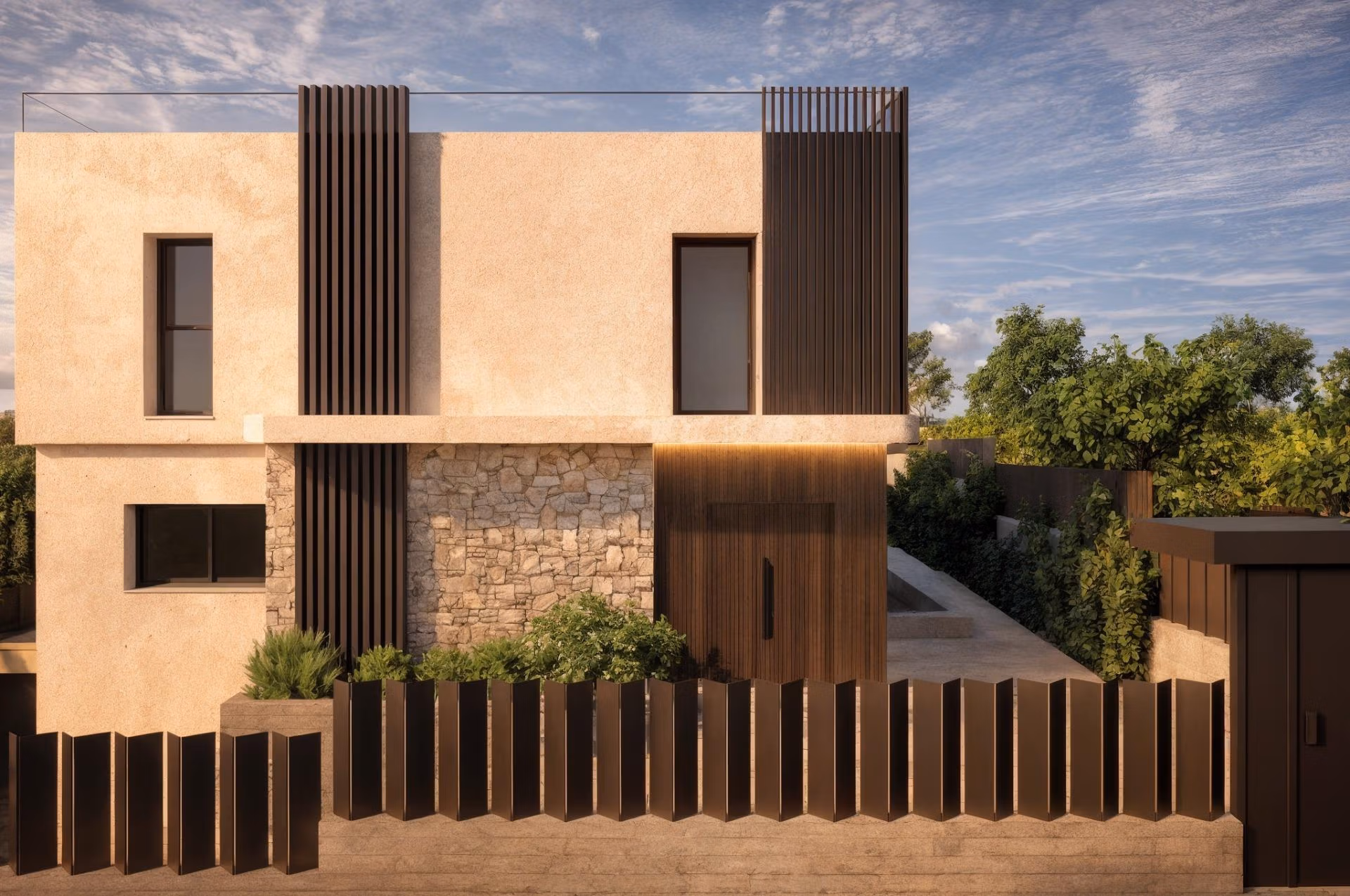 Modern frontline 3-bedroom villa facade in Cabo de Palos featuring elegant stone accents and sleek wooden details under a bright sky.