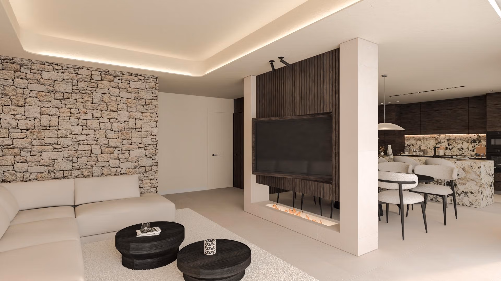 Bright and modern open-plan living area with stone accent wall in frontline 3-bedroom villa with sea views in Cabo de Palos