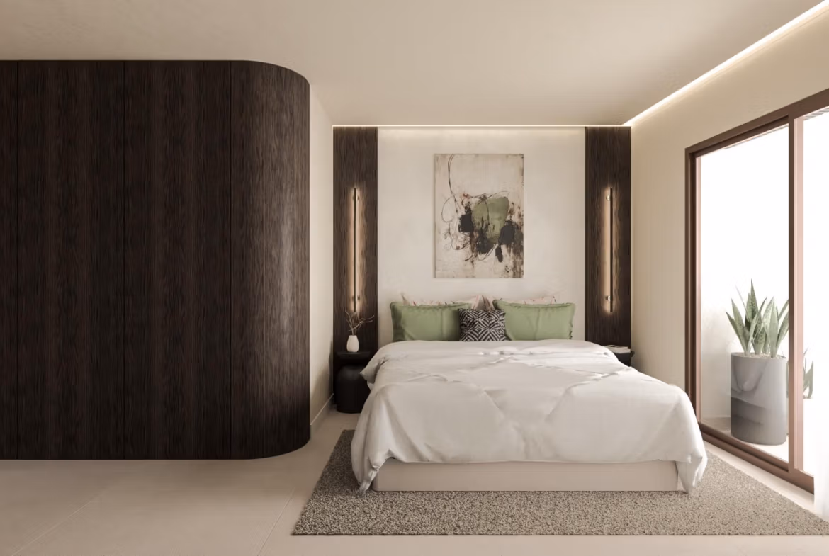 Bright, modern bedroom in luxury 3-bedroom villa with elegant curved wood feature and sea views in Cabo de Palos frontline new build.