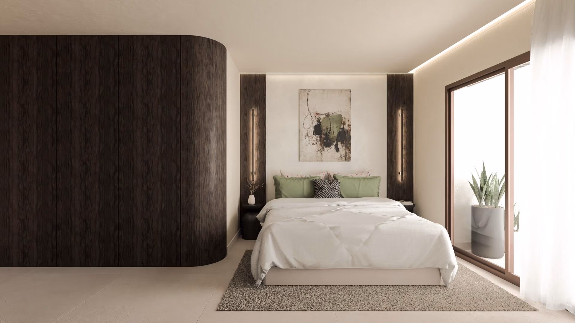 Bright, modern bedroom in luxury 3-bedroom villa with elegant curved wood feature and sea views in Cabo de Palos frontline new build.