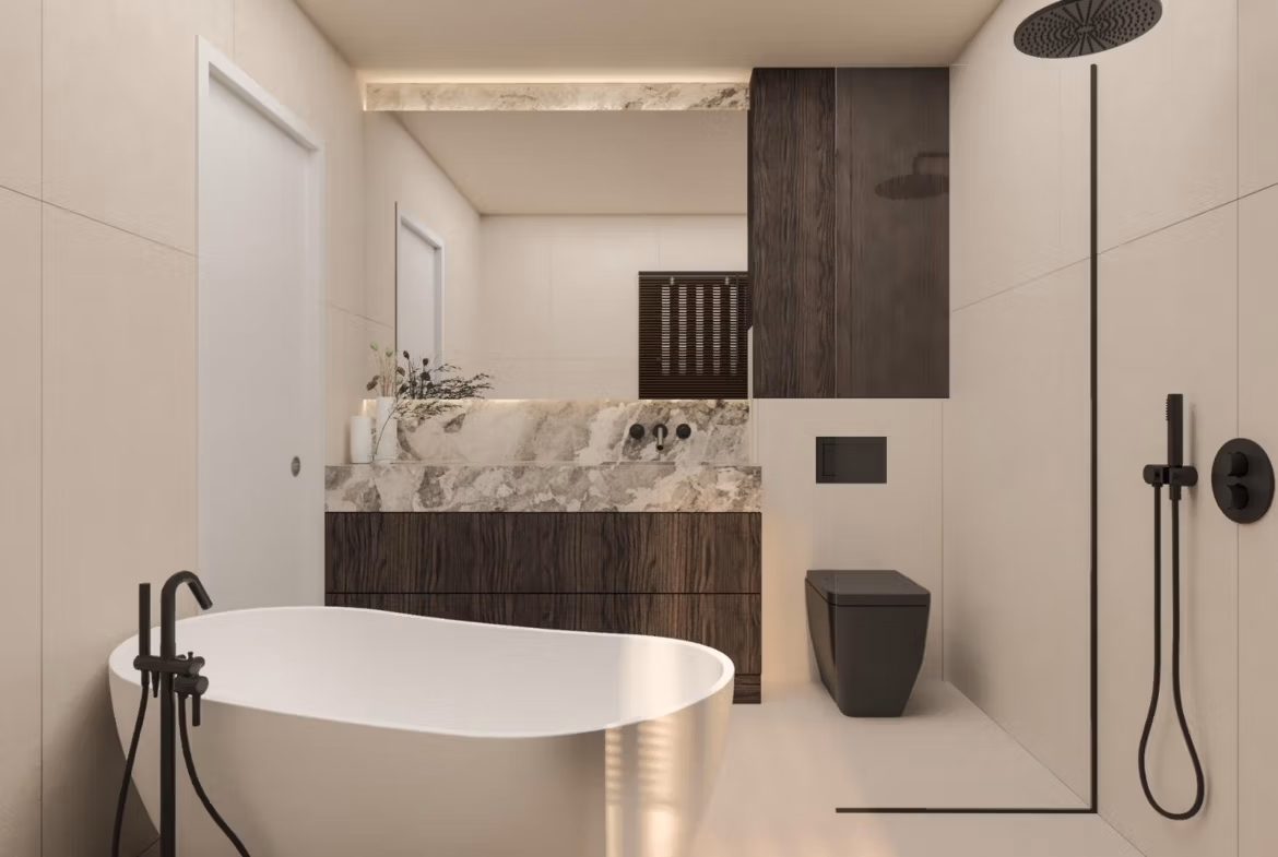 Modern luxury bathroom with freestanding tub and sleek fixtures in a new 3-bedroom villa in Cabo de Palos.