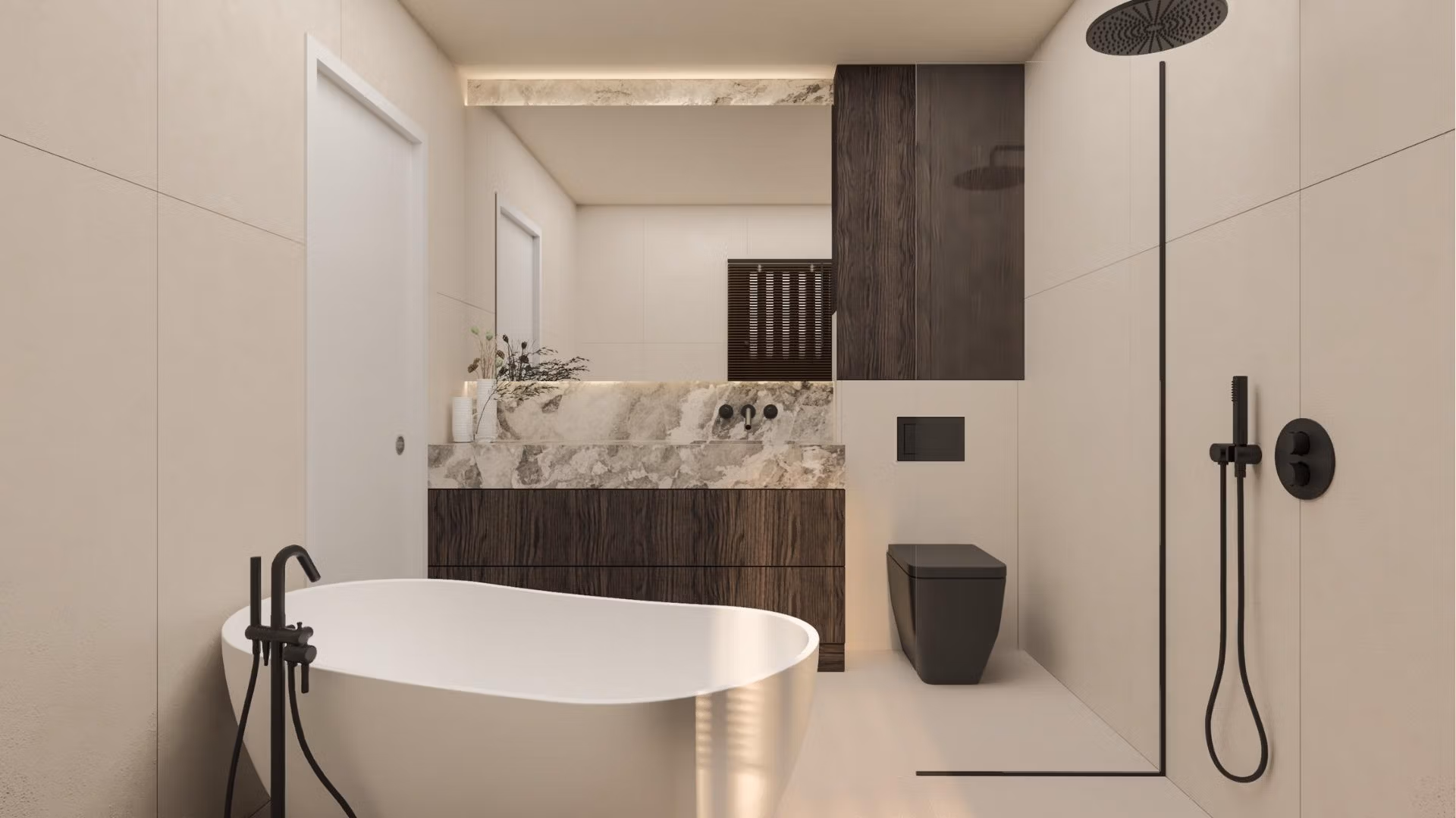 Modern luxury bathroom with freestanding tub and sleek fixtures in a new 3-bedroom villa in Cabo de Palos.