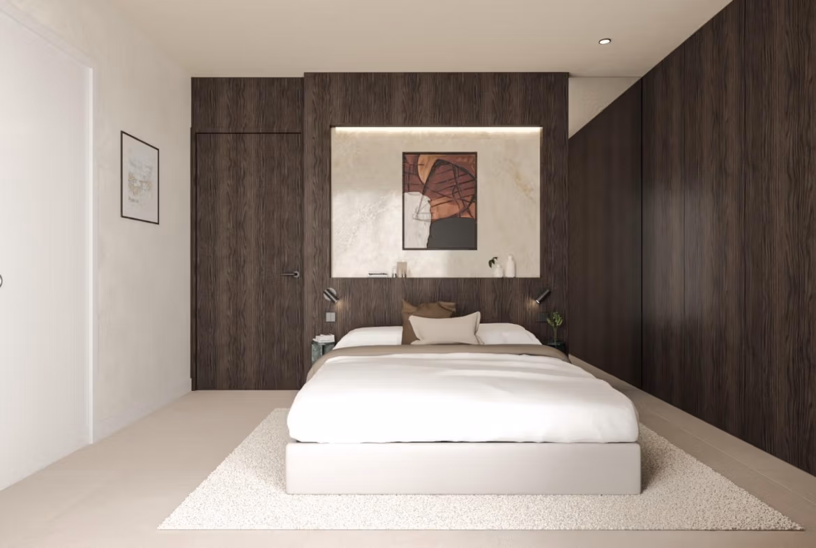 Modern, serene 3-bedroom villa bedroom with dark wood accents and soft lighting in frontline Cabo de Palos new build.