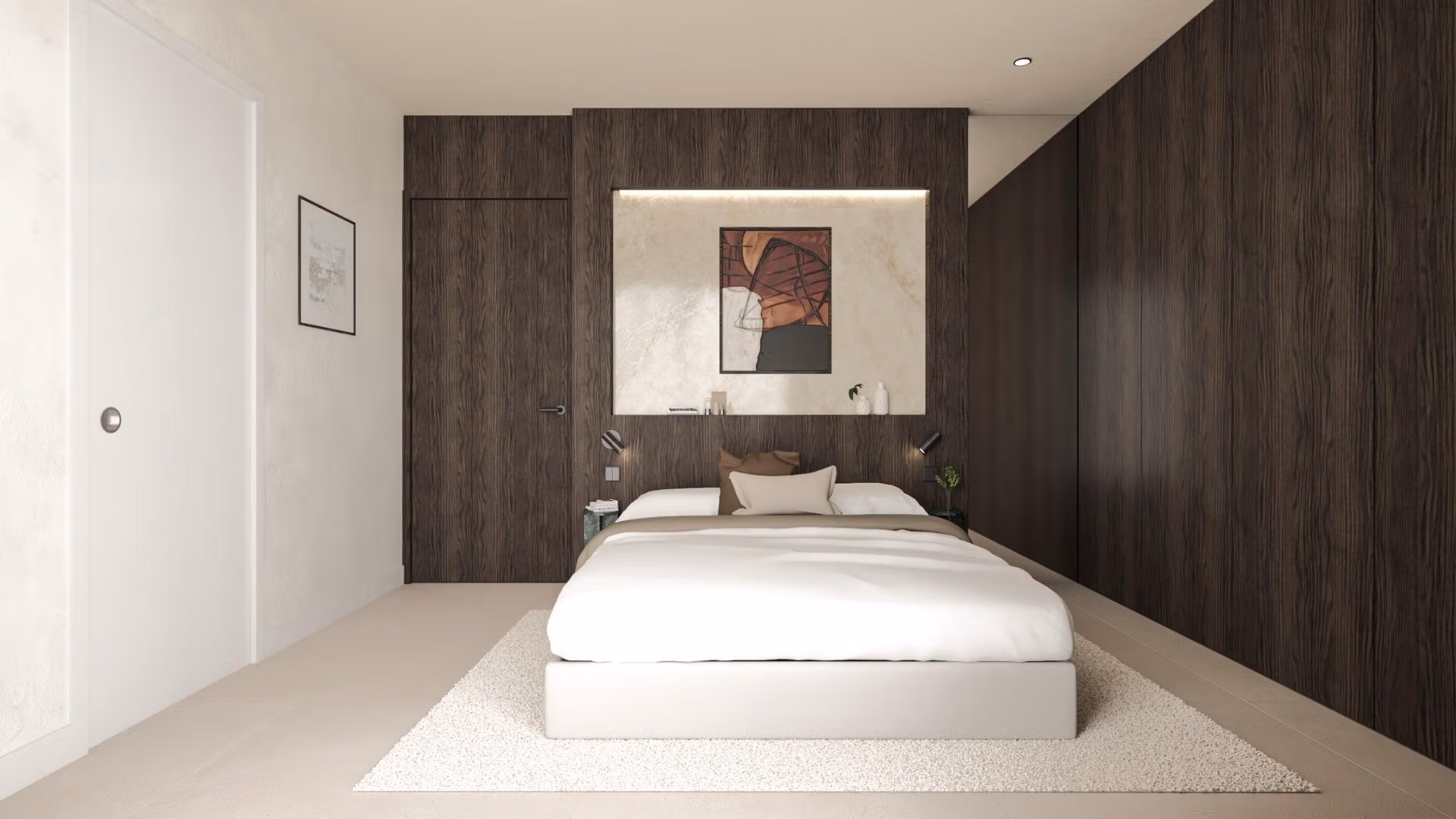 Modern, serene 3-bedroom villa bedroom with dark wood accents and soft lighting in frontline Cabo de Palos new build.