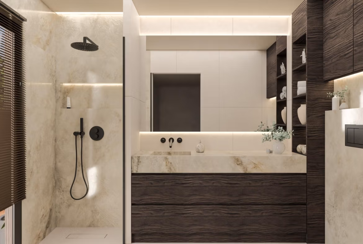 Modern, elegant bathroom with sleek fixtures and natural stone finishes in luxury 3-bedroom villa, Cabo de Palos.