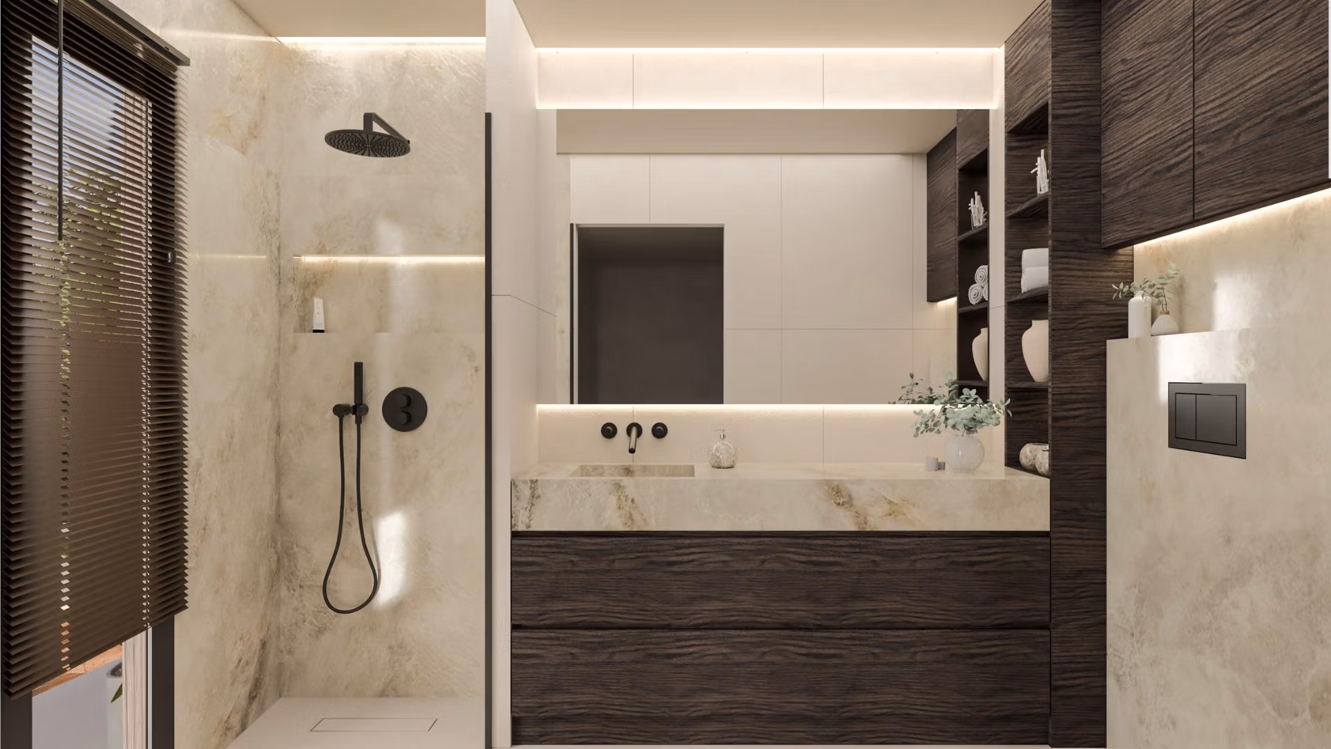 Modern, elegant bathroom with sleek fixtures and natural stone finishes in luxury 3-bedroom villa, Cabo de Palos.
