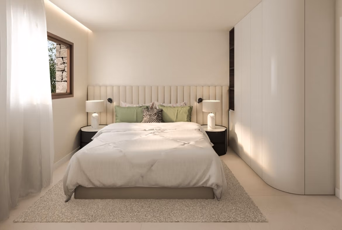 Bright and serene bedroom with modern design in a frontline 3-bedroom villa with sea views in Cabo de Palos.