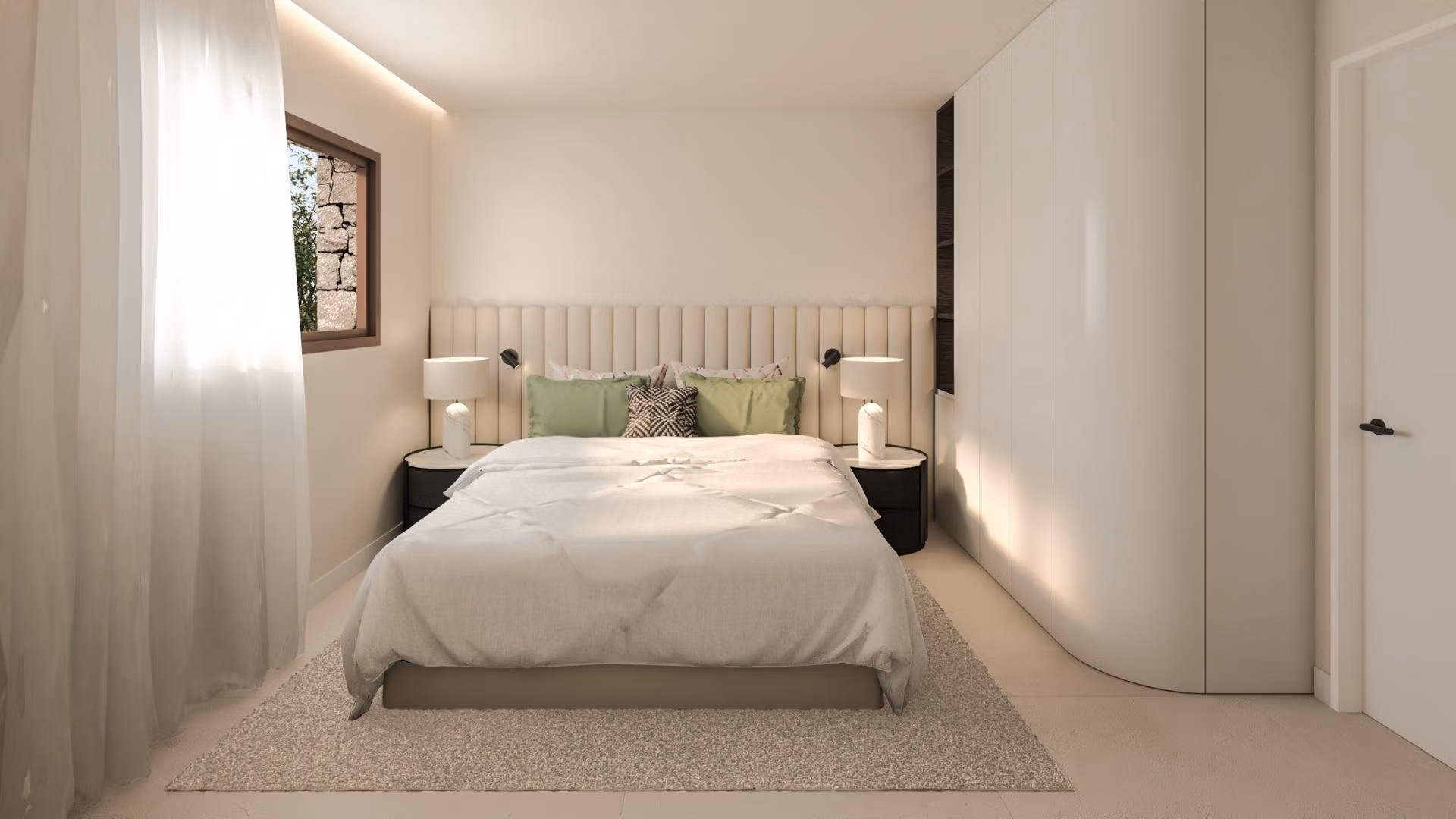 Bright and serene bedroom with modern design in a frontline 3-bedroom villa with sea views in Cabo de Palos.