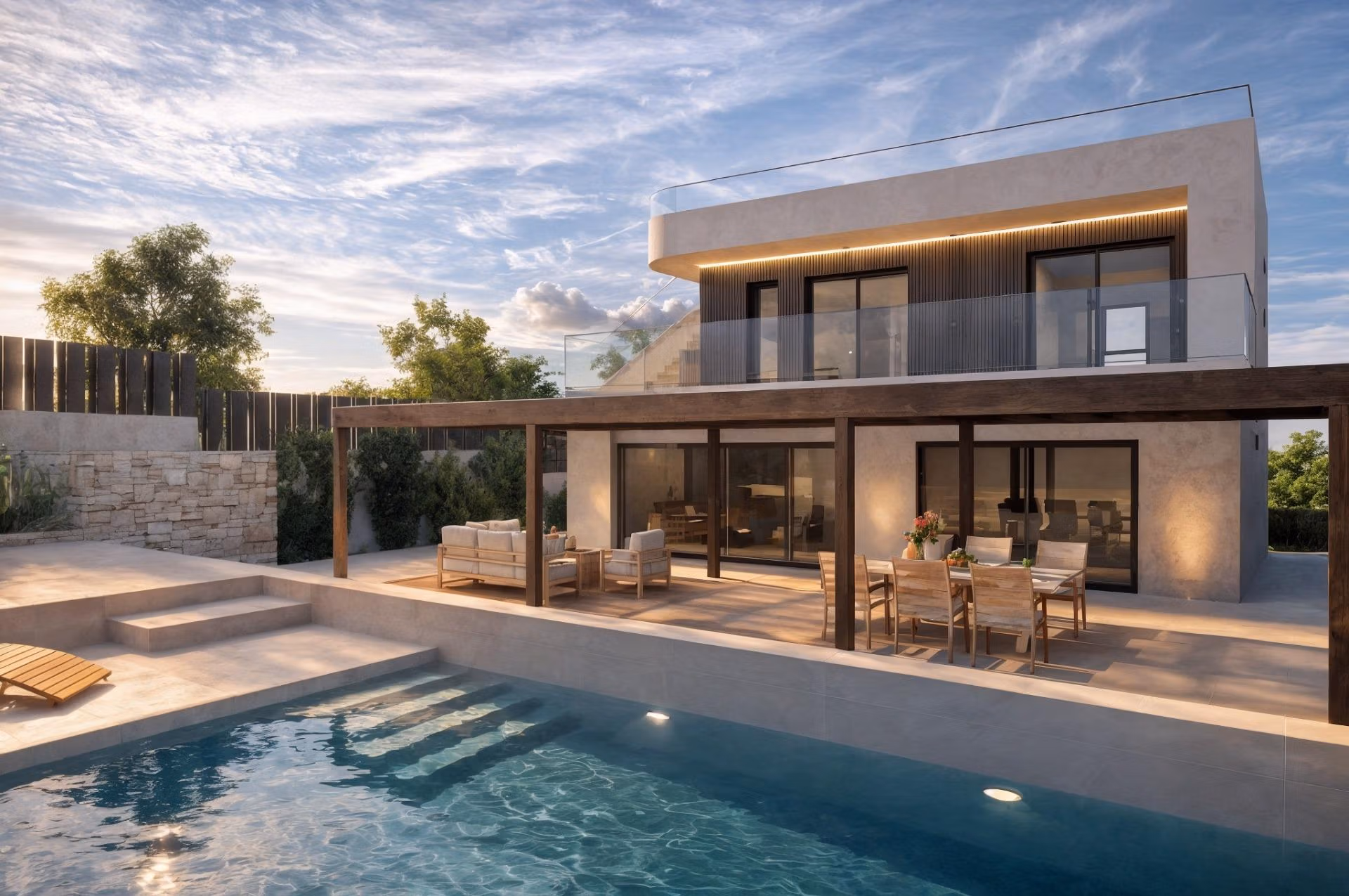 Villa de luxe en première ligne à Cabo de Palos avec solarium privé, piscine élégante et vue mer au coucher du soleil.