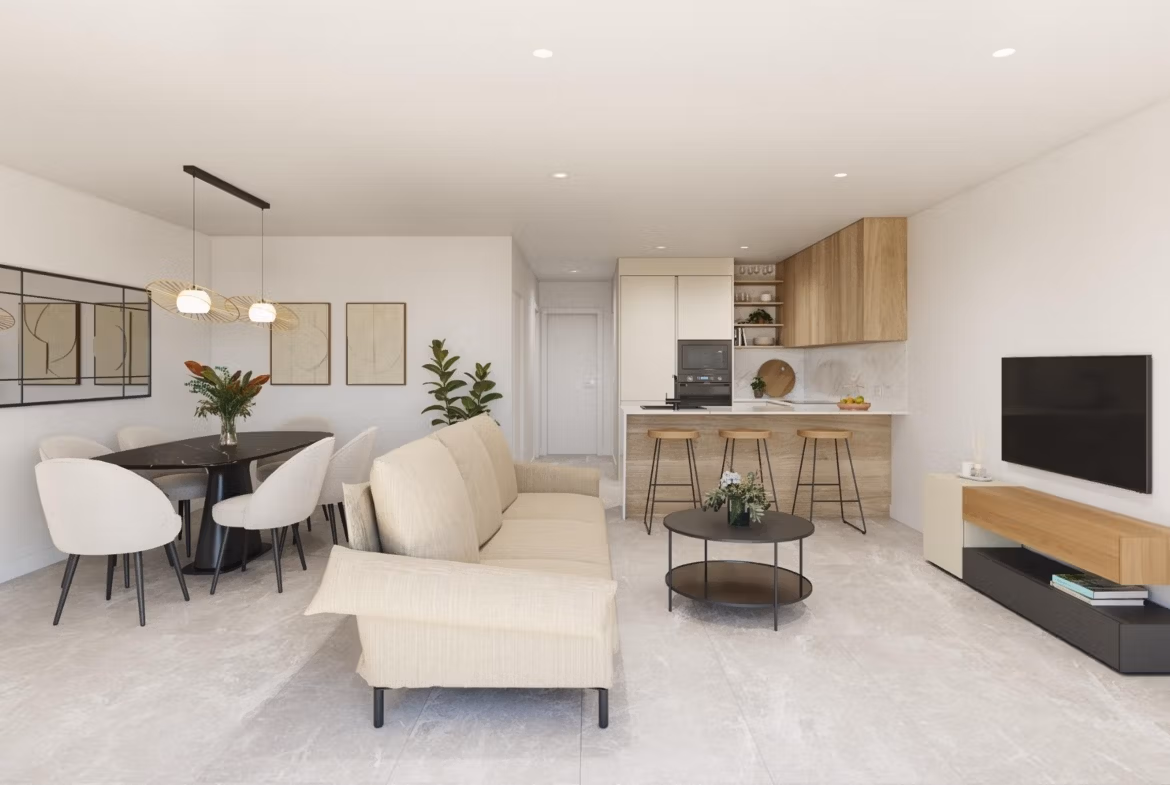 Bright modern open-plan living and dining area with sleek kitchen in new build 3 bedroom ground floor apartment in Pilar de la Horadada