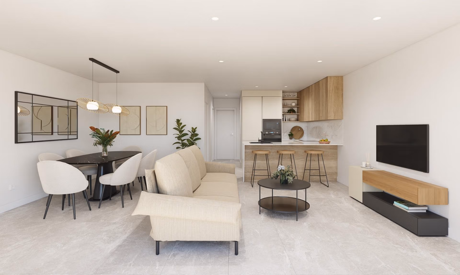 Bright modern open-plan living and dining area with sleek kitchen in new build 3 bedroom ground floor apartment in Pilar de la Horadada