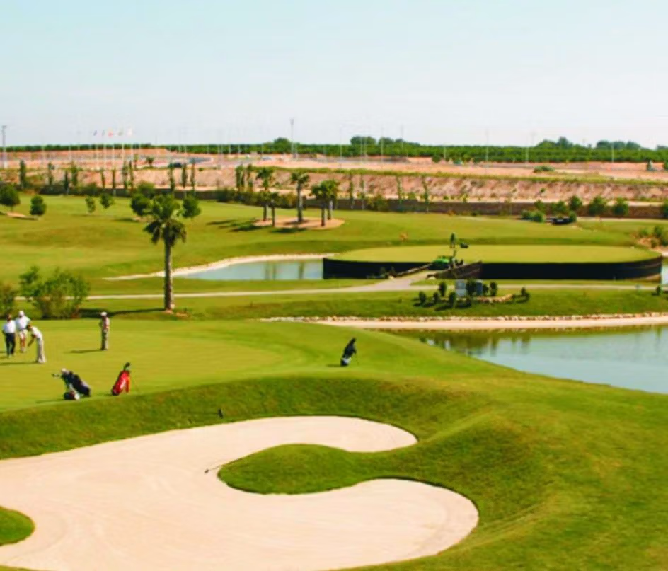 Sun-drenched landscaped golf course with water features near new build 3 bedroom ground floor apartment in Pilar de la Horadada