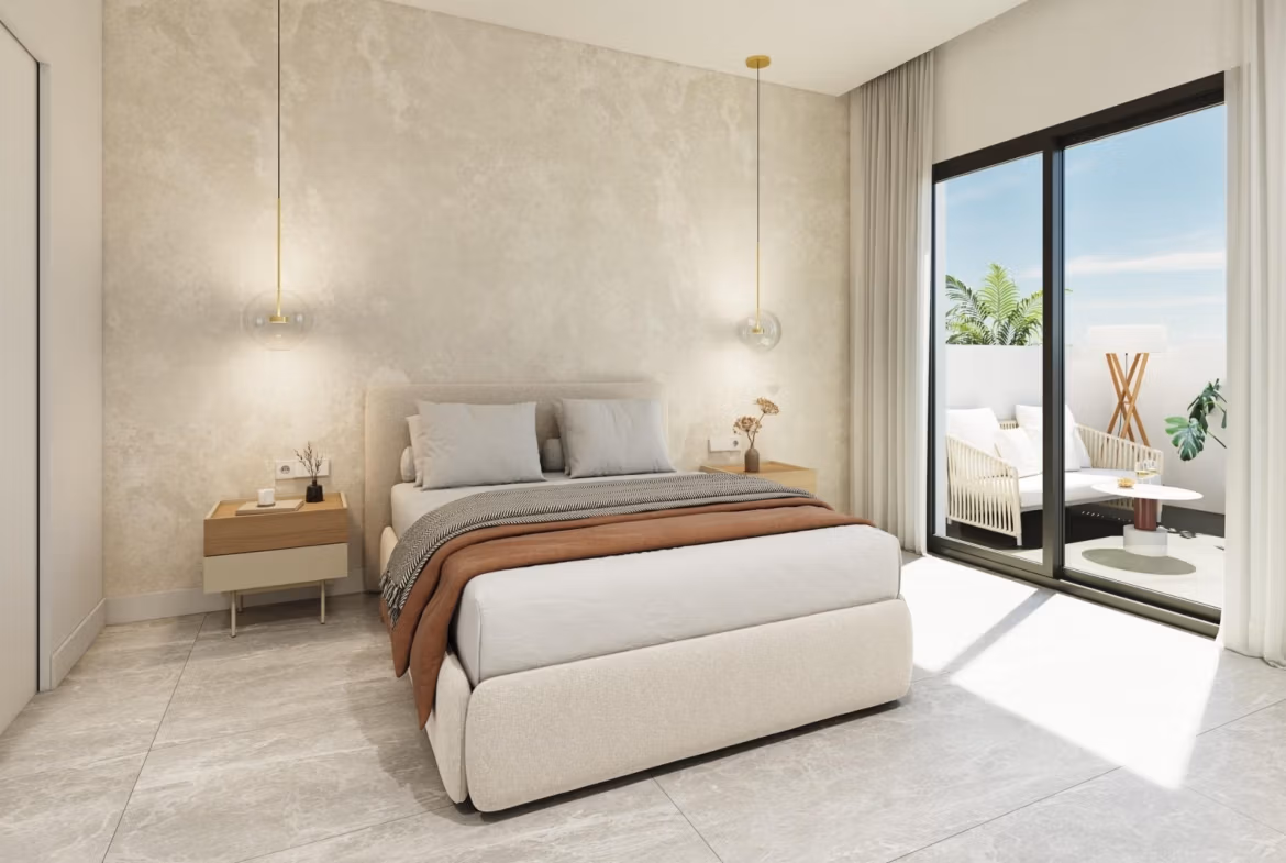 Bright and modern 3-bedroom ground floor apartment bedroom with elegant design and private garden terrace in Pilar de la Horadada.