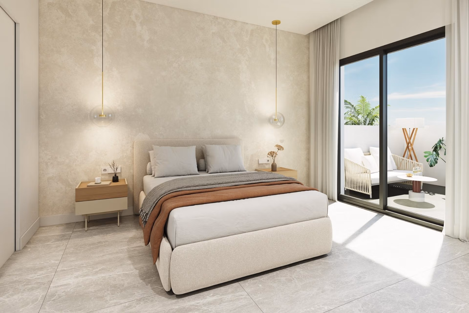 Bright and modern 3-bedroom ground floor apartment bedroom with elegant design and private garden terrace in Pilar de la Horadada.