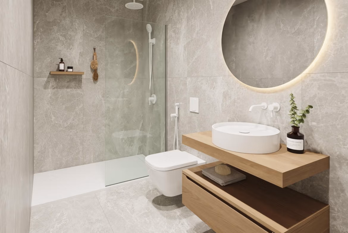 Modern, elegant bathroom with walk-in rain shower and floating vanity in new build 3-bedroom ground floor apartment, Pilar de la Horadada