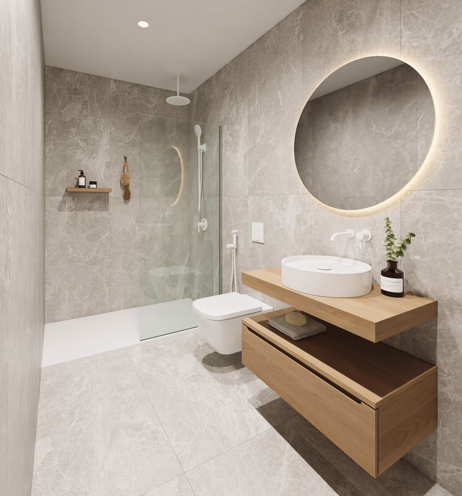 Modern, elegant bathroom with walk-in rain shower and floating vanity in new build 3-bedroom ground floor apartment, Pilar de la Horadada