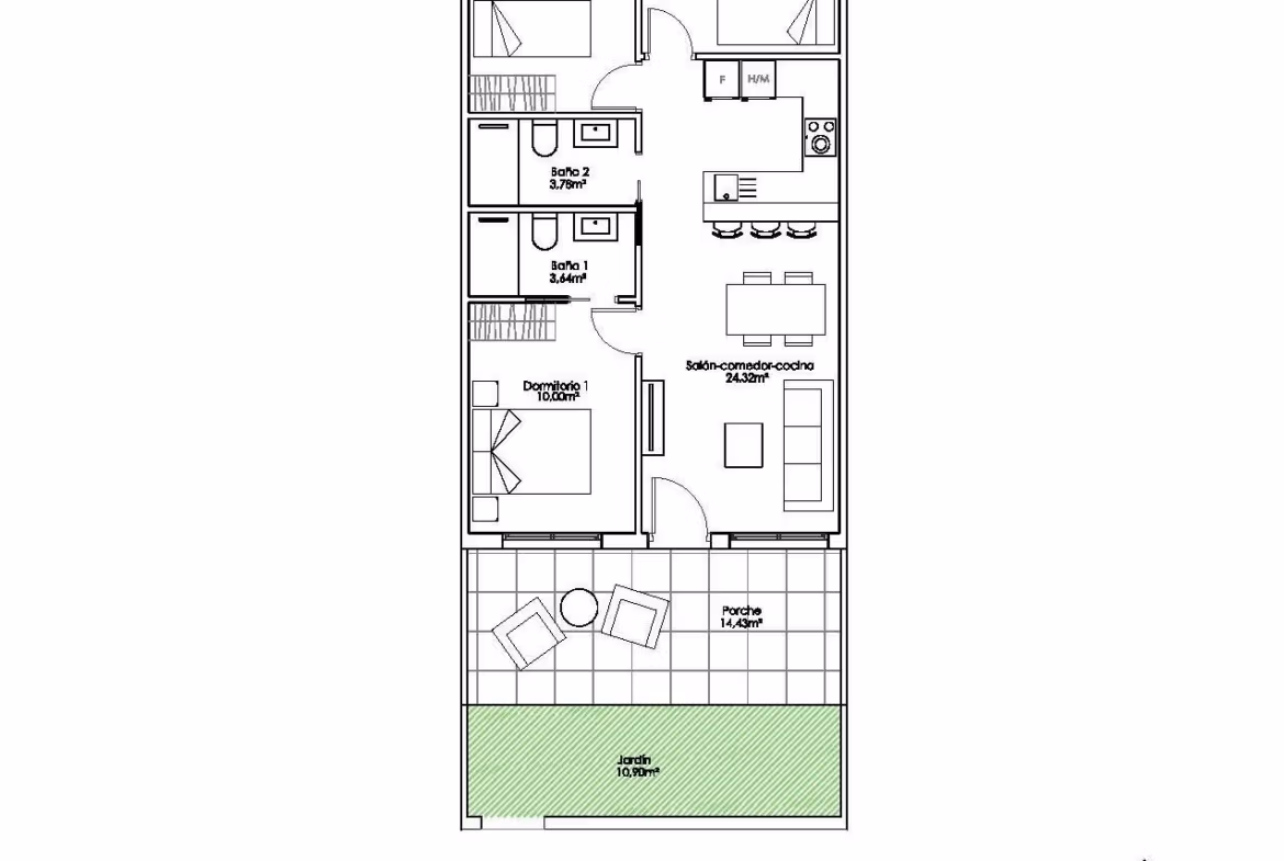 Spacious, modern 3-bedroom ground floor apartment floor plan with garden and terrace in Pilar de la Horadada.