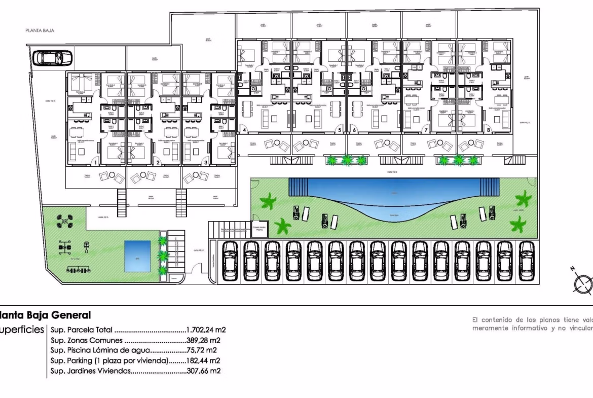 Detailed architectural floor plan of a modern 3-bedroom ground floor apartment with garden and communal pool in Pilar de la Horadada
