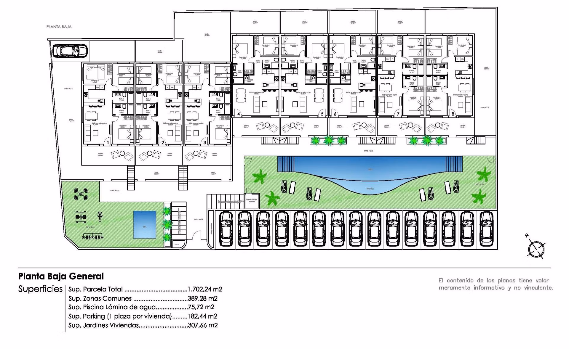 Detailed architectural floor plan of a modern 3-bedroom ground floor apartment with garden and communal pool in Pilar de la Horadada
