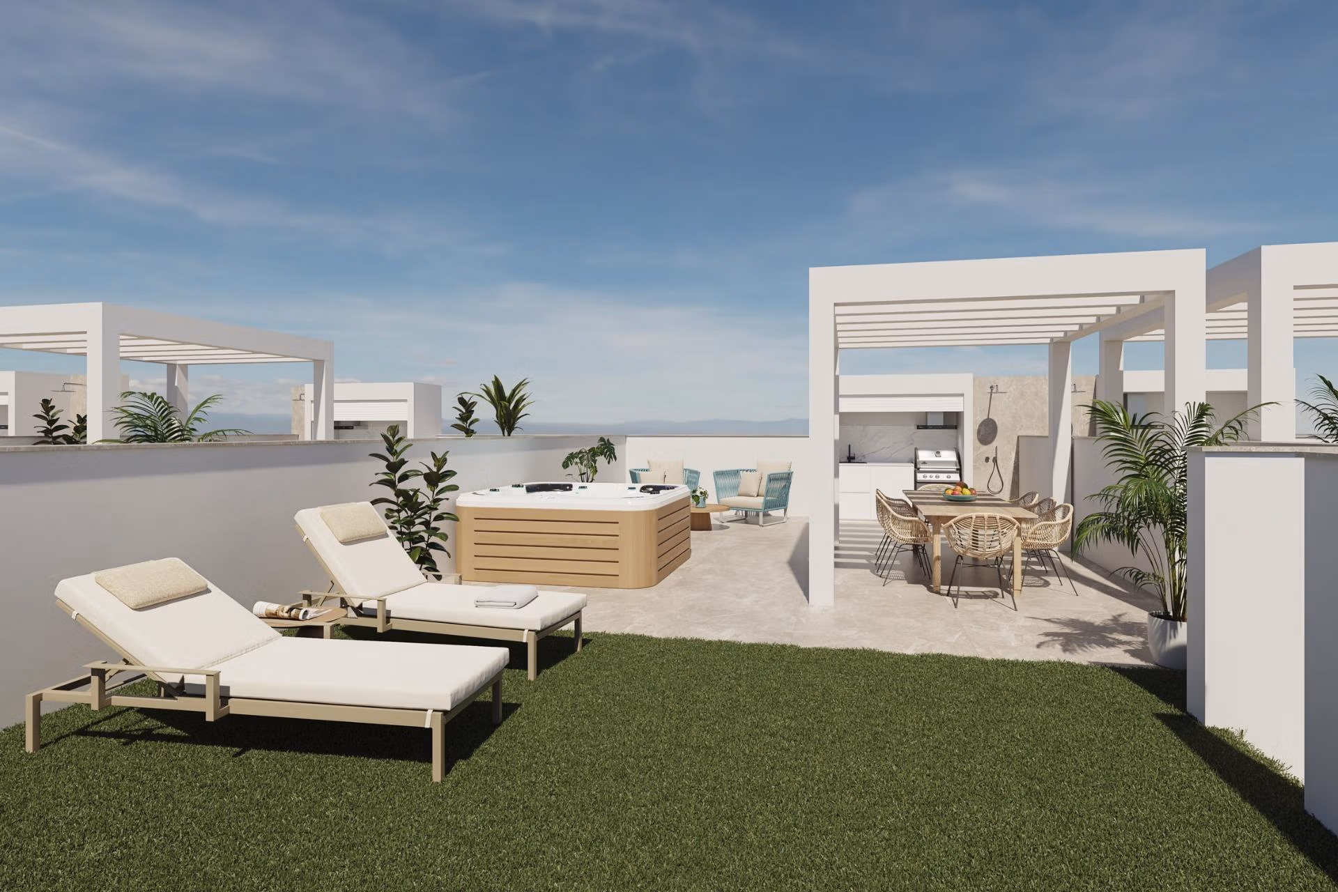 Spacious sun-drenched garden terrace with lounge chairs and dining area at new build 3-bedroom ground floor apartment in Pilar de la Horadada