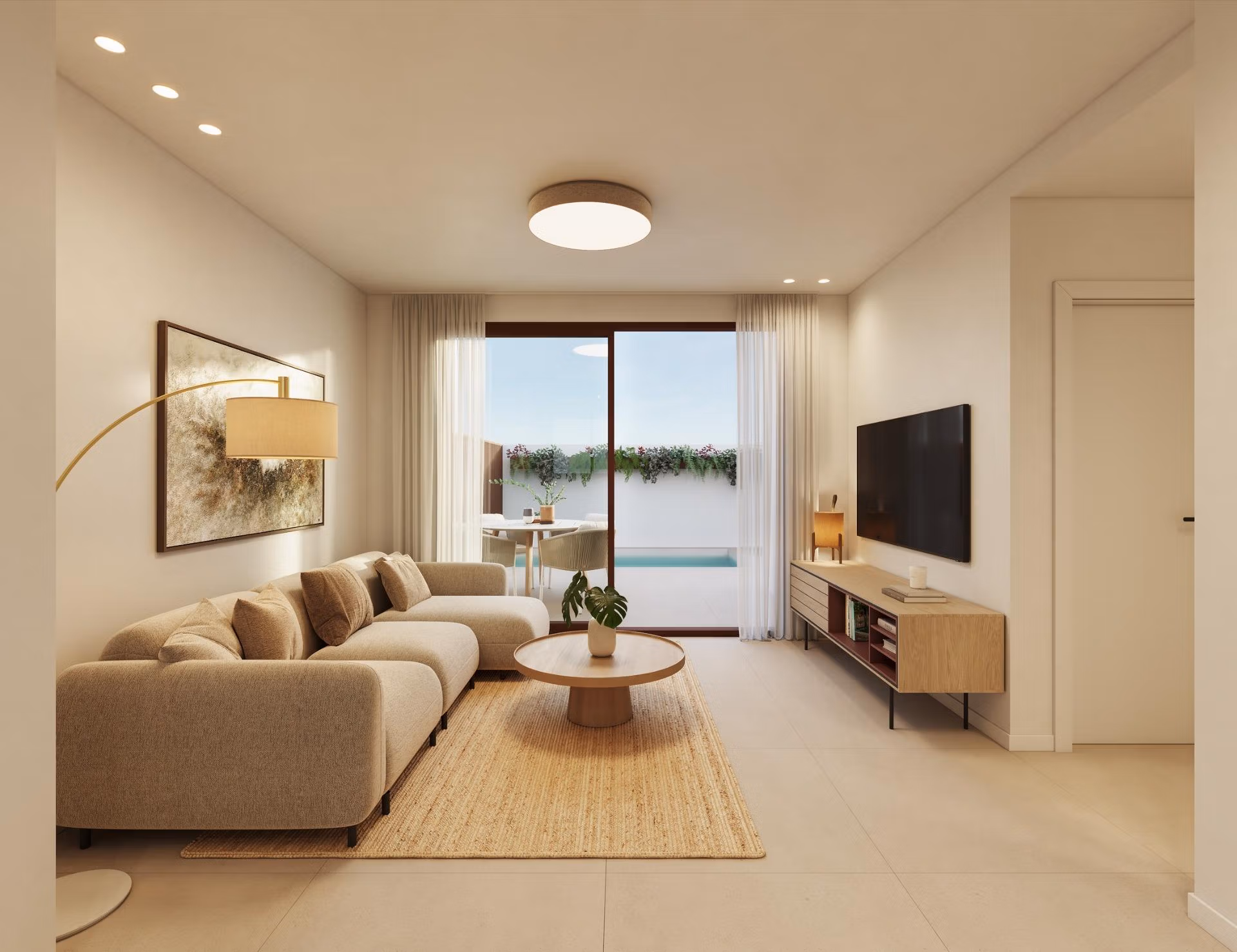 Bright and modern living room with plush sofa and pool view in exclusive new build bungalows, San Pedro del Pinatar.
