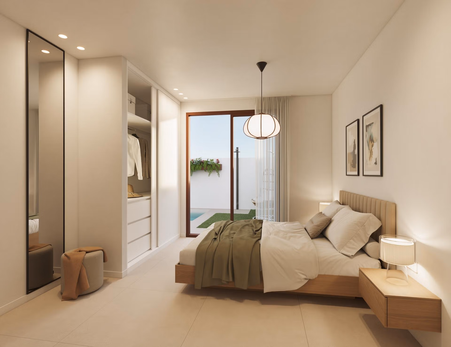 Bright, elegant bedroom in exclusive San Pedro del Pinatar bungalow with modern furnishings and access to a private sunlit terrace.