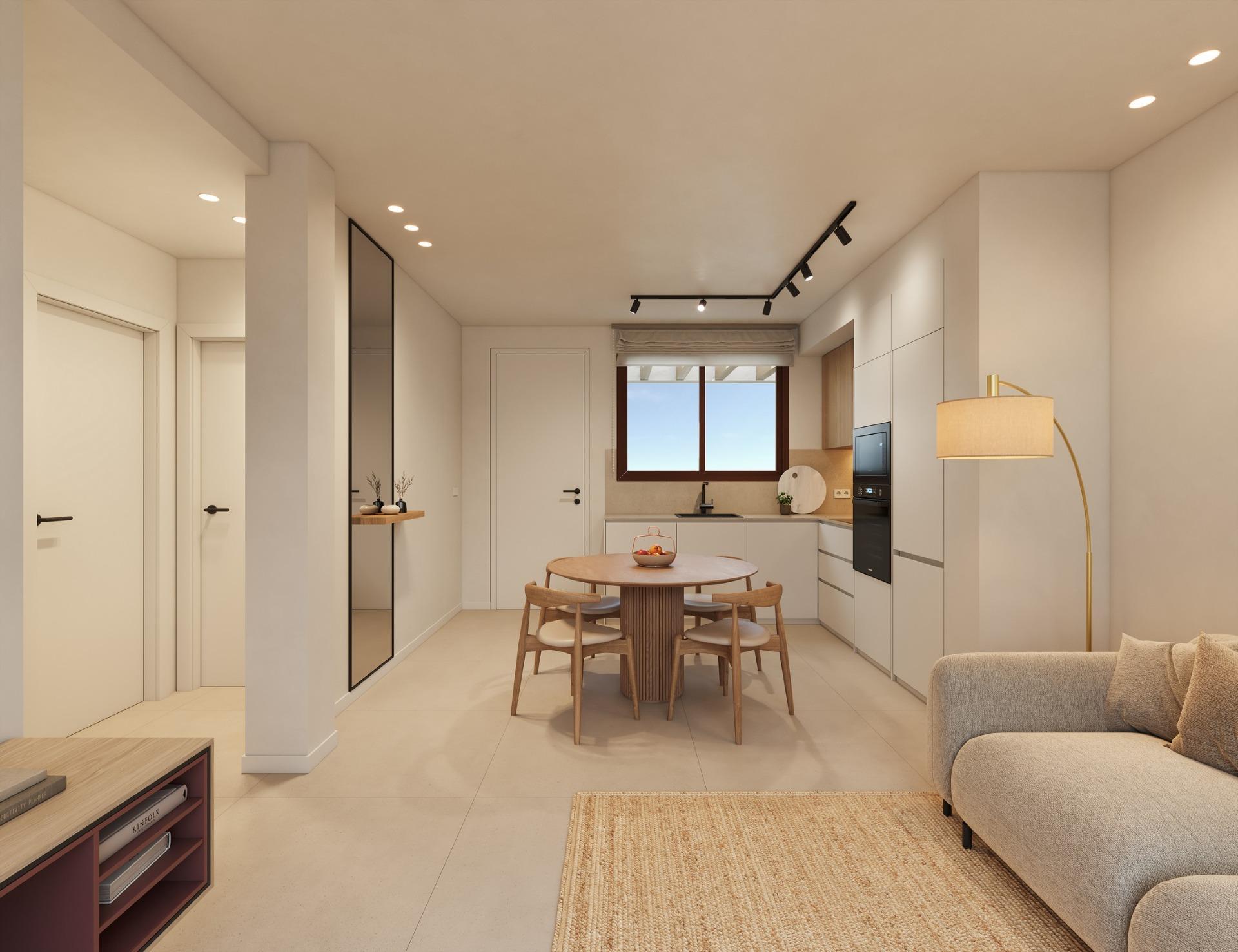 Bright, modern open-plan living and dining area in exclusive new build bungalows with private pool in San Pedro del Pinatar