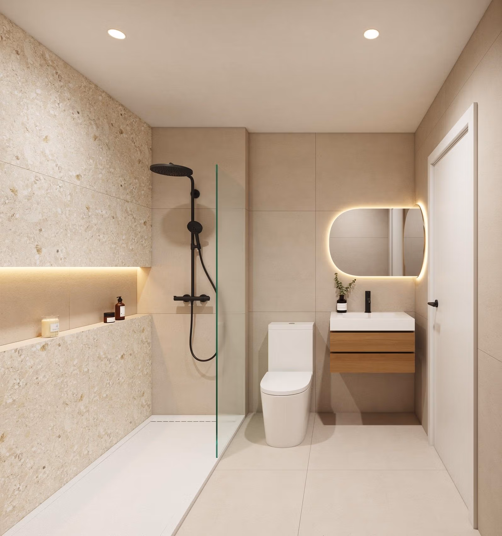 Modern, elegant bathroom with walk-in shower and illuminated mirror in exclusive new build bungalows in San Pedro del Pinatar