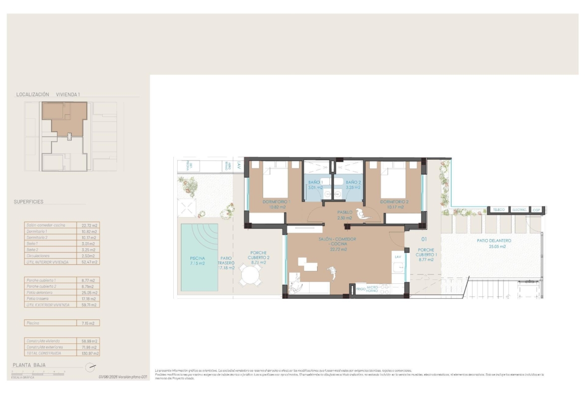 Modern floor plan of exclusive new build bungalow featuring spacious living areas and private pool in San Pedro del Pinatar