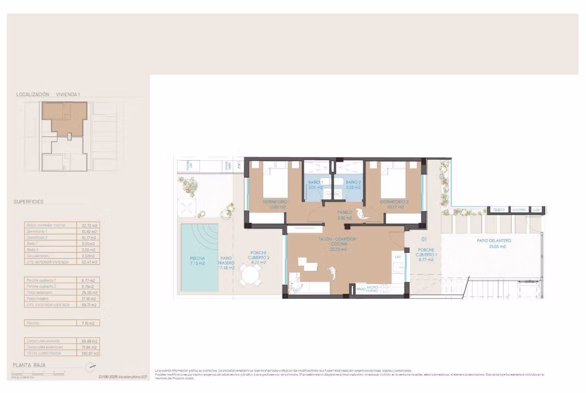 Modern floor plan of exclusive new build bungalow featuring spacious living areas and private pool in San Pedro del Pinatar