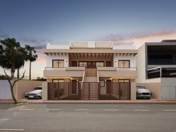 Elegant modern new build bungalows in San Pedro del Pinatar with spacious terraces and private gated parking at sunset.
