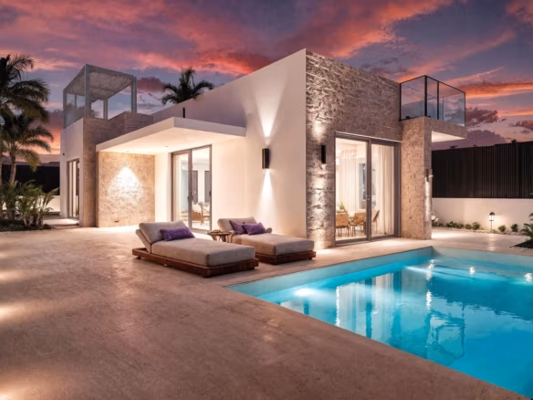 Elegant single-storey villa in Los Alcázares with private illuminated pool, sun-drenched terrace, and rooftop solarium at sunset.