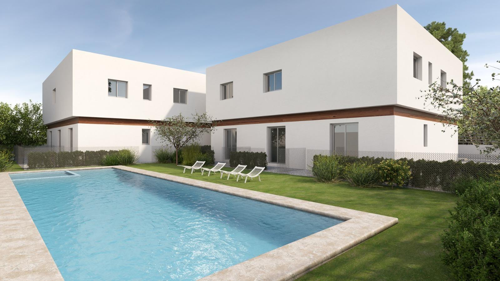 Modern 2-bedroom townhouse in Orihuela Costa with sleek white exterior, lush landscaping, and a sparkling communal pool under clear skies.