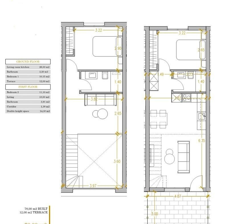Detailed floor plan of a modern 2-bedroom townhouse with spacious living areas and terrace in Orihuela Costa near the beach