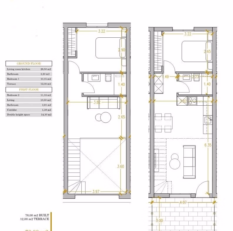 Detailed floor plan of a modern 2-bedroom townhouse with spacious living areas and terrace in Orihuela Costa near the beach