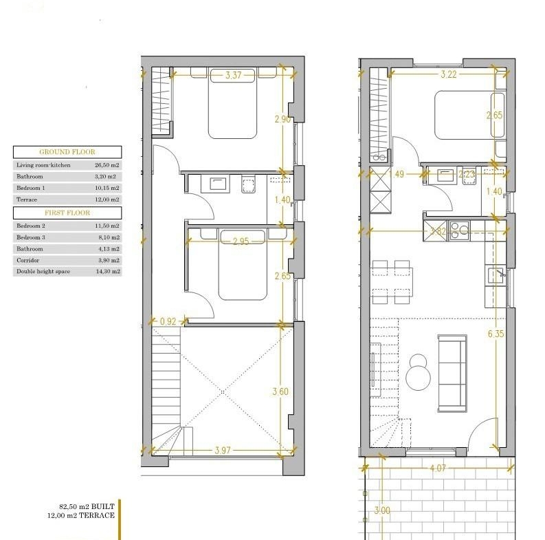 Modern 3-bedroom new build floor plan in Orihuela Costa showcasing spacious open-plan living and terrace layout near the beach