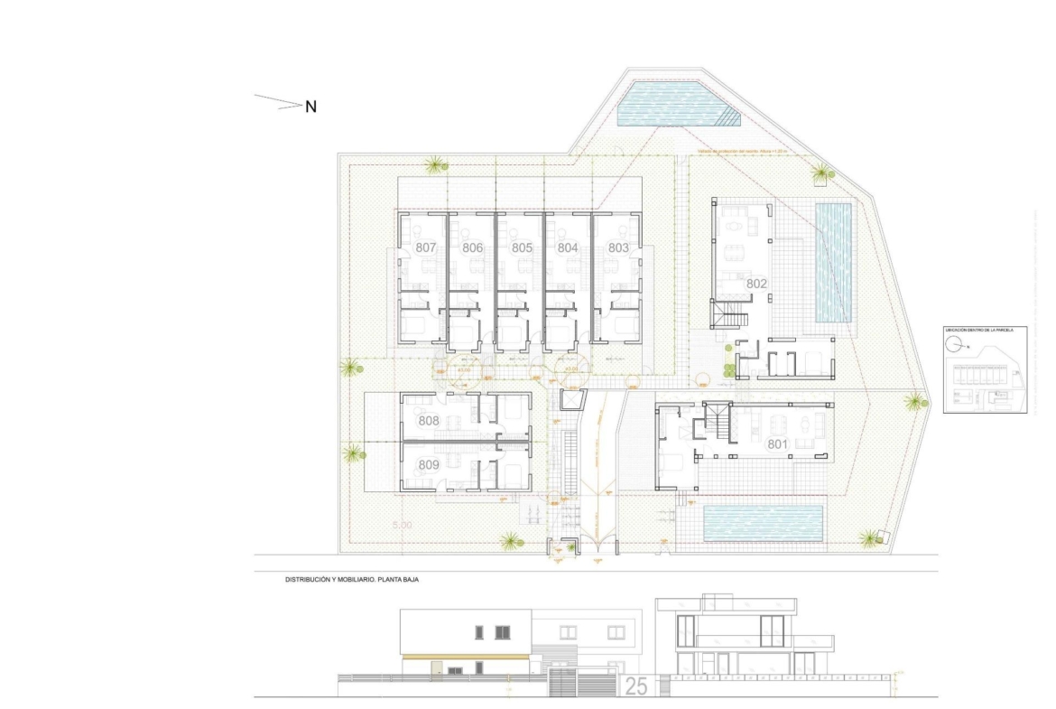 Detailed architectural floor plan of a modern new build 3-bedroom property with communal pool in Orihuela Costa near the beach.