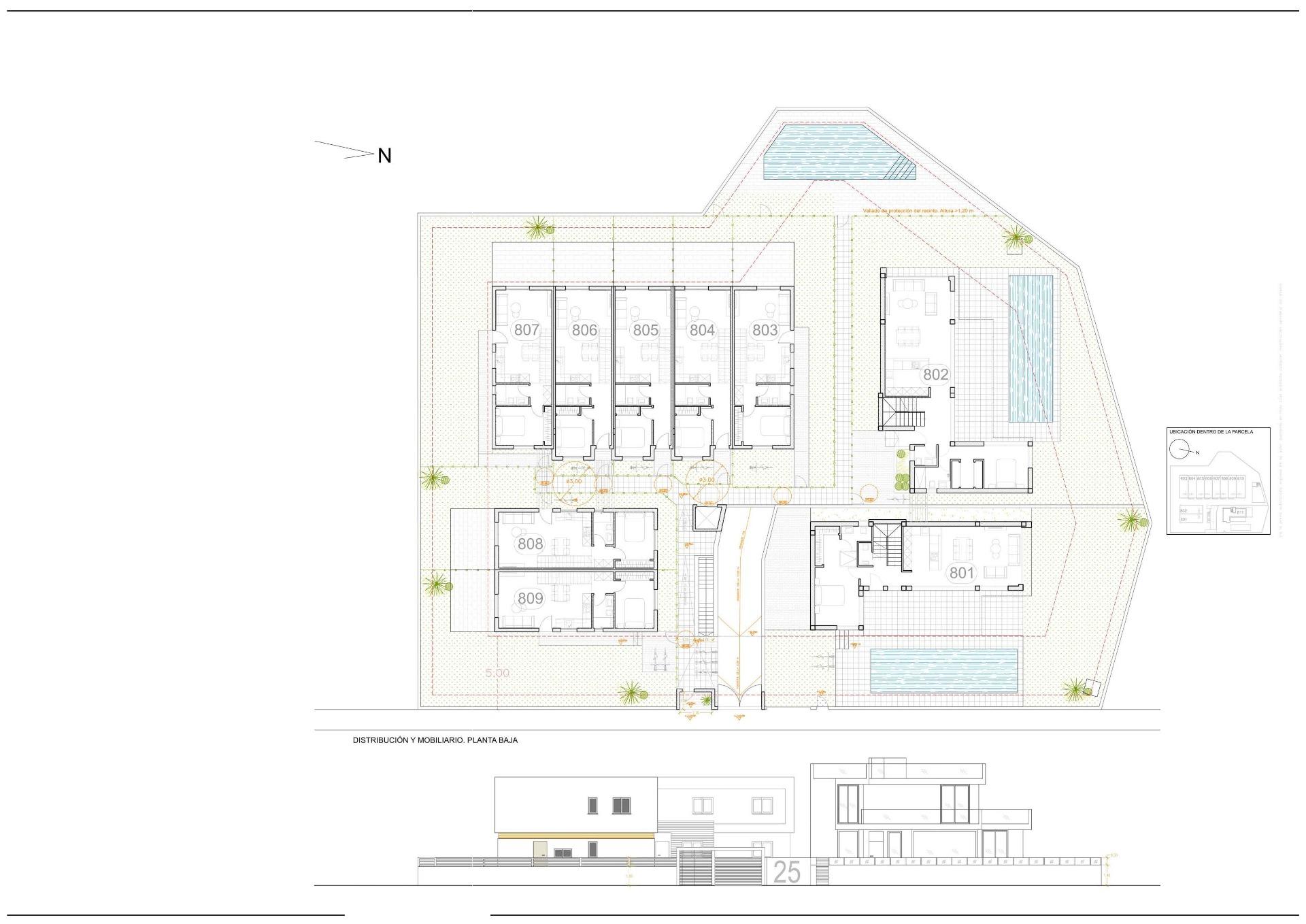 Detailed architectural floor plan of a modern new build 3-bedroom property with communal pool in Orihuela Costa near the beach.