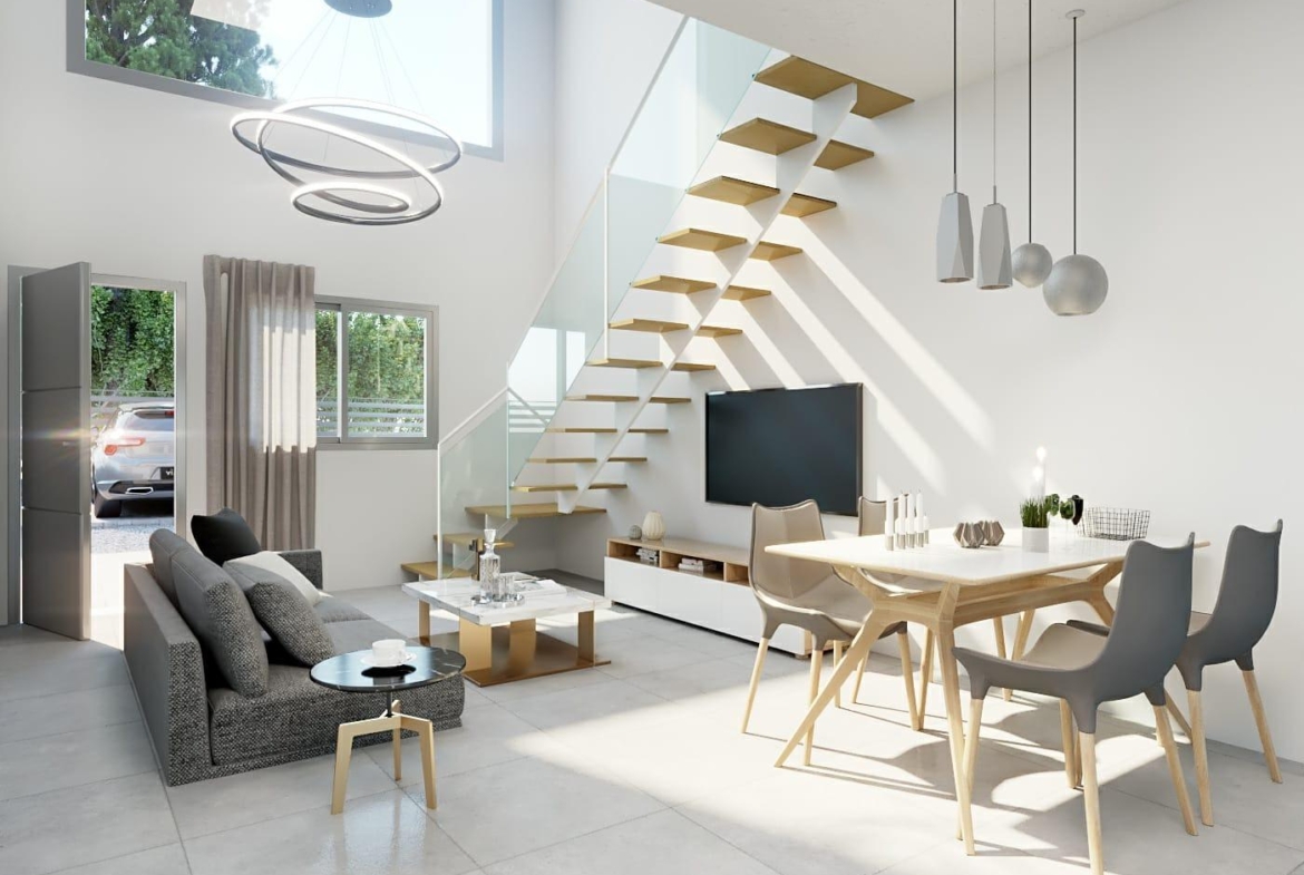 Sun-drenched modern open-plan living and dining area with elegant staircase in 2-bedroom townhouse in Orihuela Costa near the beach
