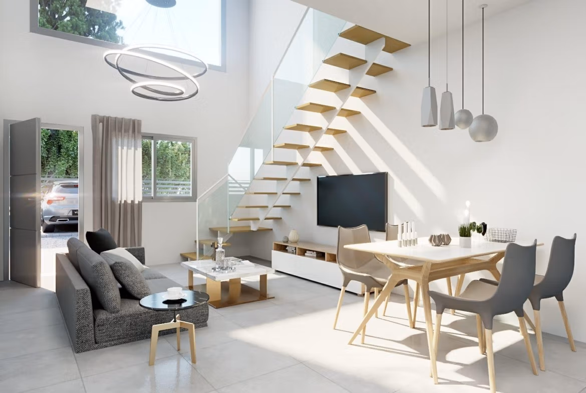 Sun-drenched modern open-plan living and dining area with elegant staircase in 2-bedroom townhouse in Orihuela Costa near the beach