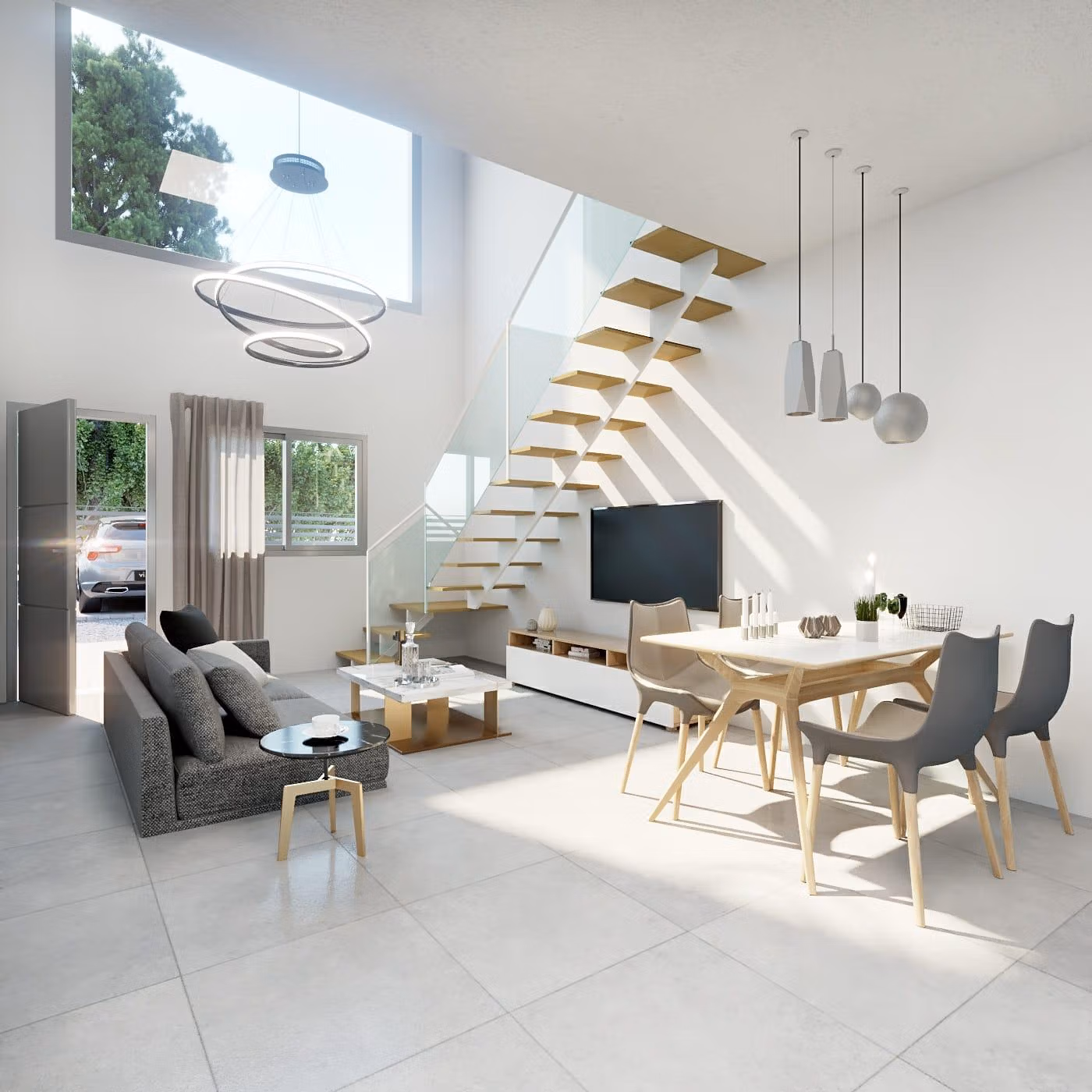 Sun-drenched modern open-plan living and dining area with elegant staircase in 2-bedroom townhouse in Orihuela Costa near the beach