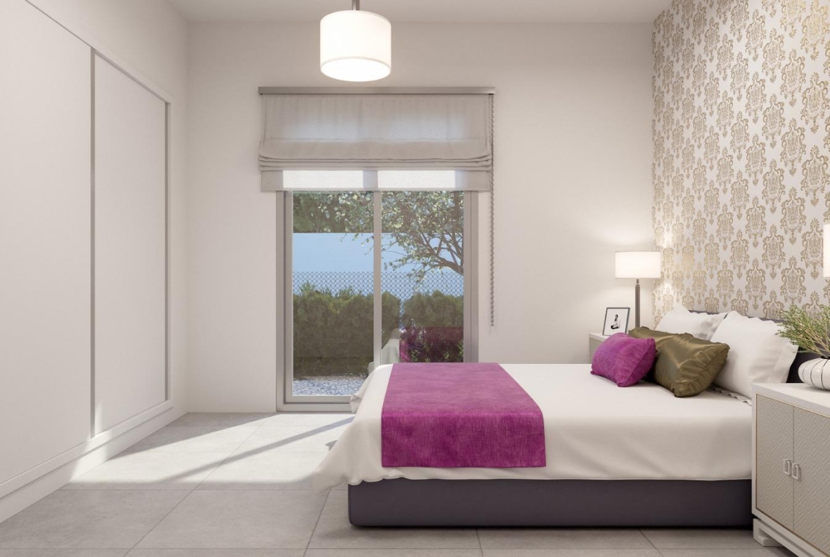 Bright modern bedroom with elegant decor and garden view in 2-bedroom townhouse near beach, Orihuela Costa