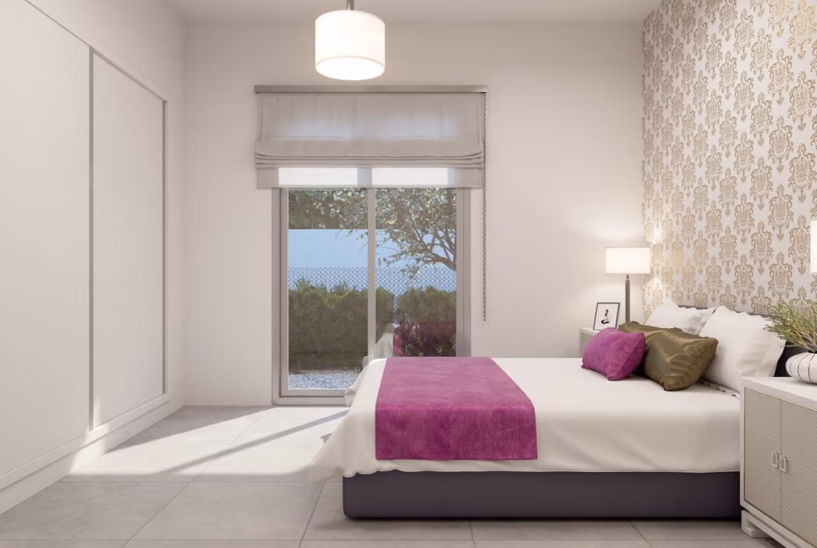 Bright modern bedroom with elegant decor and garden view in 2-bedroom townhouse near beach, Orihuela Costa
