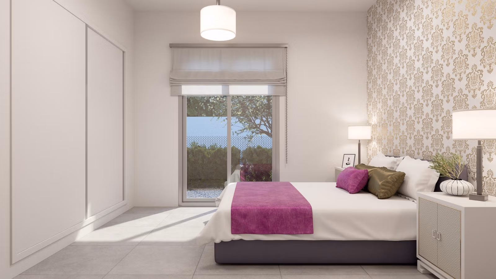 Bright modern bedroom with elegant decor and garden view in 2-bedroom townhouse near beach, Orihuela Costa