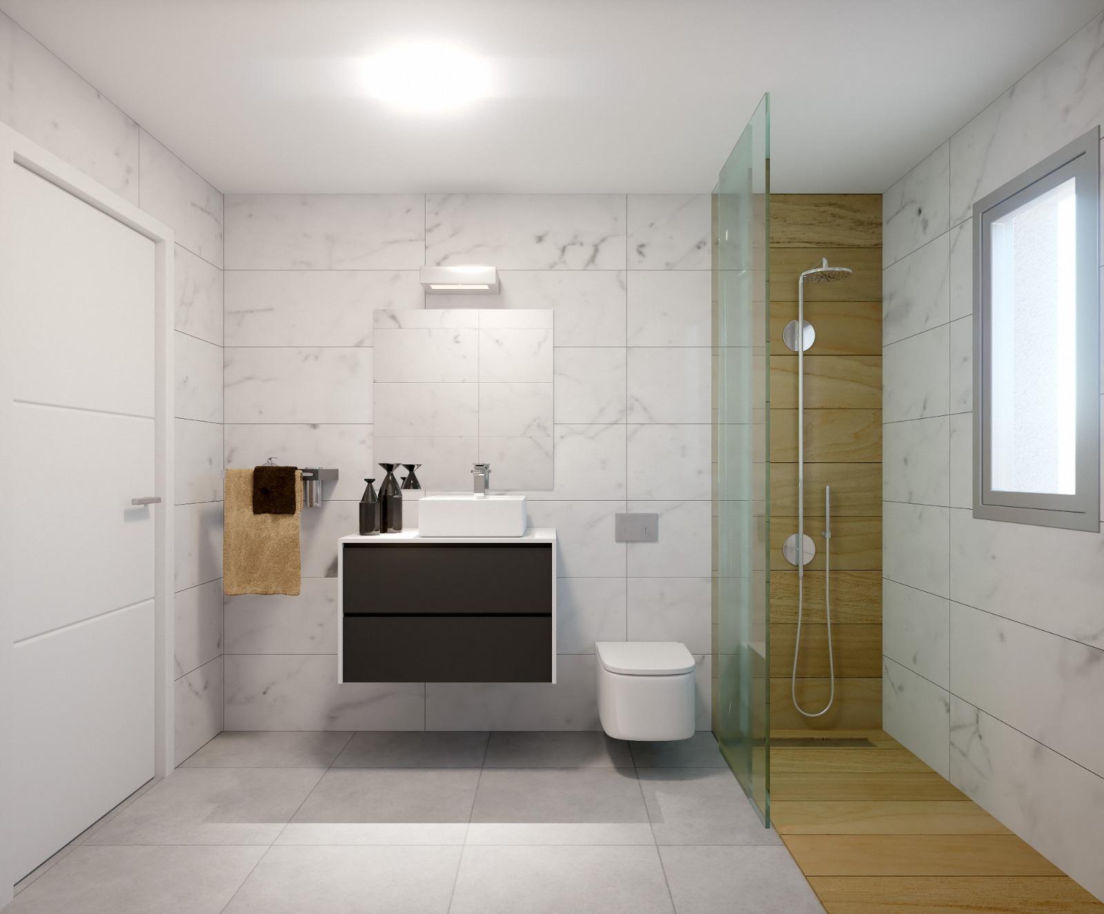 Modern, bright bathroom with sleek floating vanity and glass shower in new 3-bedroom Orihuela Costa property near the beach